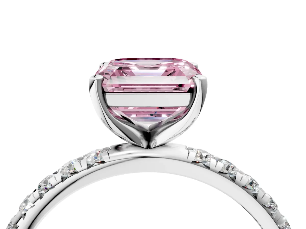 Fancy Pink Asscher Cut Cut Diamond Solitaire Ring with Micro Pave Band and Four Prong Setting Platinum