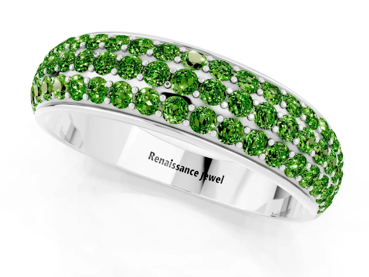 Three-Row Round Peridot Eternity Band with Shared Prong Setting White gold