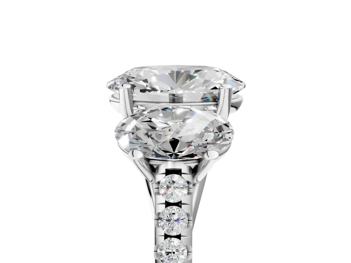 Three-Stone Oval Cut Diamond Ring with Round Moissanite Pavé Band and Prong Setting Silver