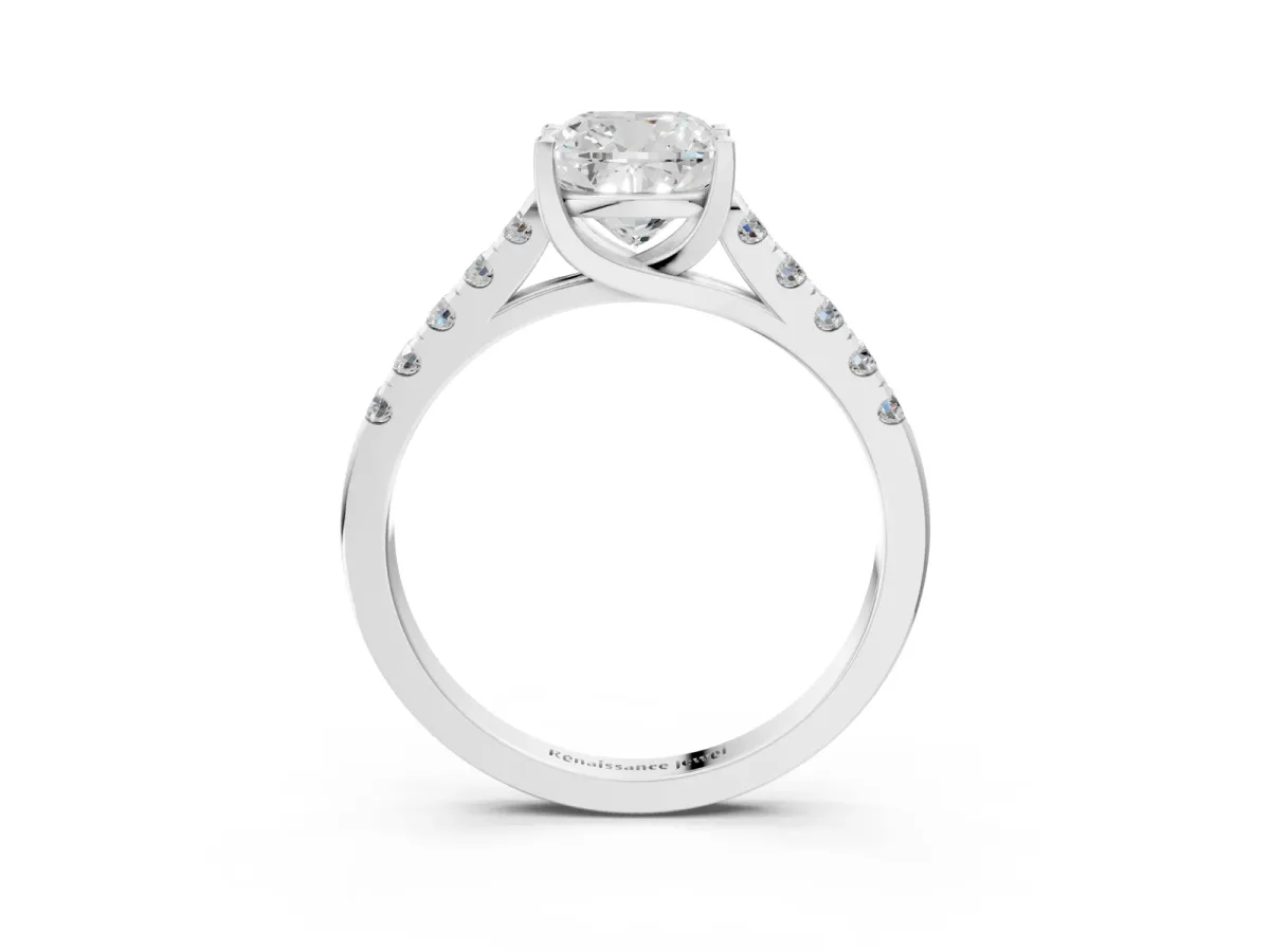 Cushion Cut Diamond Pavé Band Solitaire Ring with Prong Setting Platinum