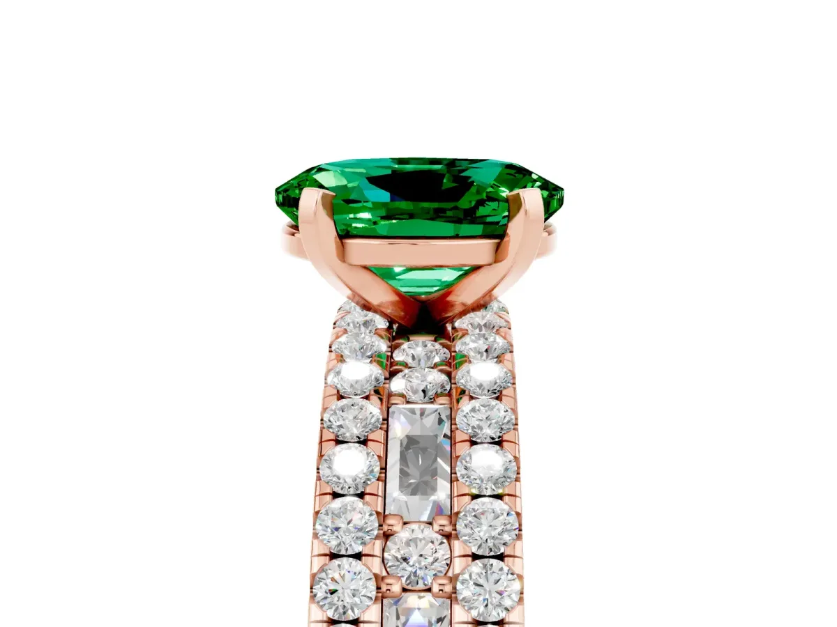 Oval Cut Emerald Solitaire Ring with Pavé and Channel Set Band Rose gold