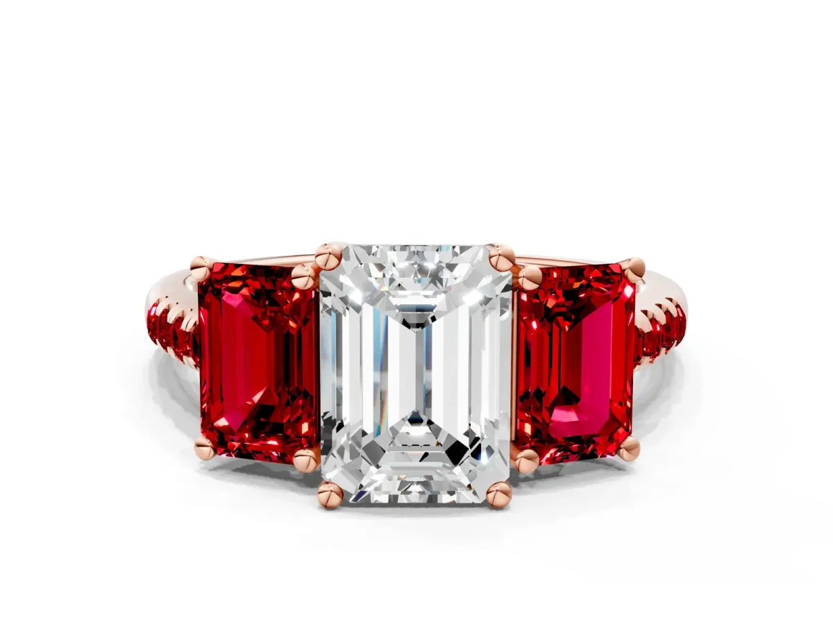 Three-Stone Emerald Cut Diamond Ring with Round Ruby Pavé Band and Prong Setting Rose gold