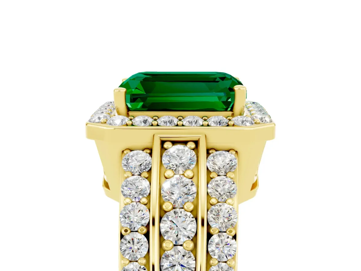 Emerald Cut Halo Emerald Ring with Round Split Shank and Prong Setting Yellow gold