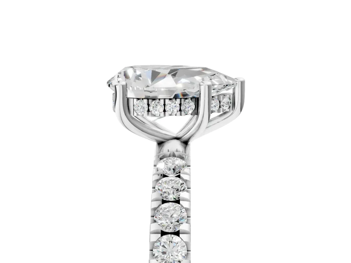 Pear Cut Diamond Pave Band Solitaire Ring with Round Moissanite and Prong Setting Platinum