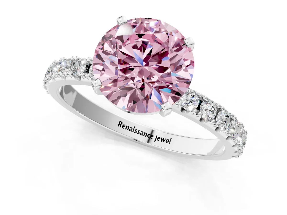 Fancy Pink Round Cut Diamond Solitaire Pavé Band with Four-Prong Setting White gold