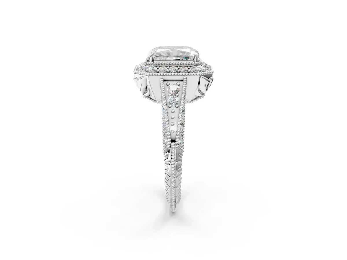 Radiant Cut Halo Diamond Split Shank Ring with Milgrain Detail Platinum
