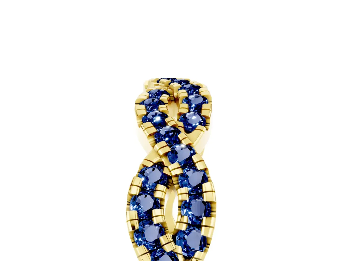Round Blue Sapphire Twisted Eternity Band with Pavé and Shared Prong Setting Yellow gold