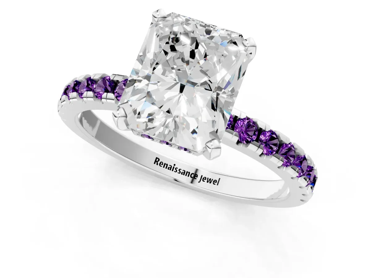 Radiant Cut Diamond Solitaire Ring with Round Amethyst Pavé Band and Four-Prong Setting Silver