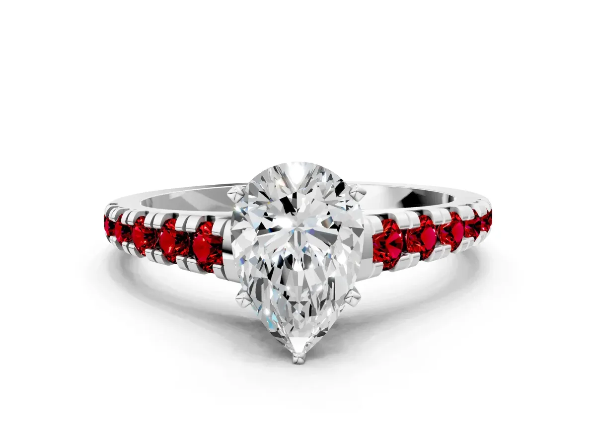 Pear Cut Diamond Cathedral Solitaire Ring with Round Ruby Pavé Band Silver