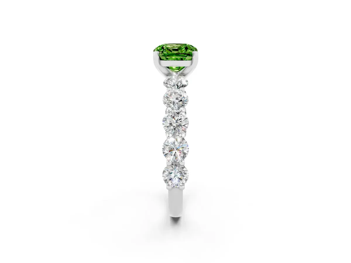 Cushion Cut Peridot Prong Setting with Side Stones on a Pave Band Silver