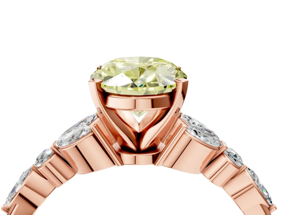 Fancy Yellow Oval Cut Diamond Solitaire Ring with Side Stones and Four-Prong Setting Rose gold
