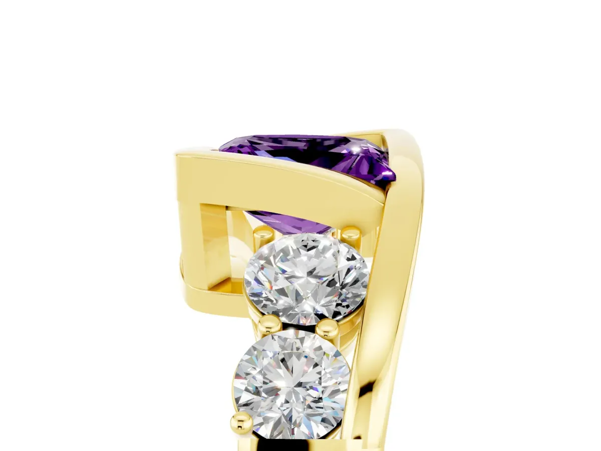 Bezel Set Princess Cut Amethyst Bypass Ring with Round Accents Yellow gold
