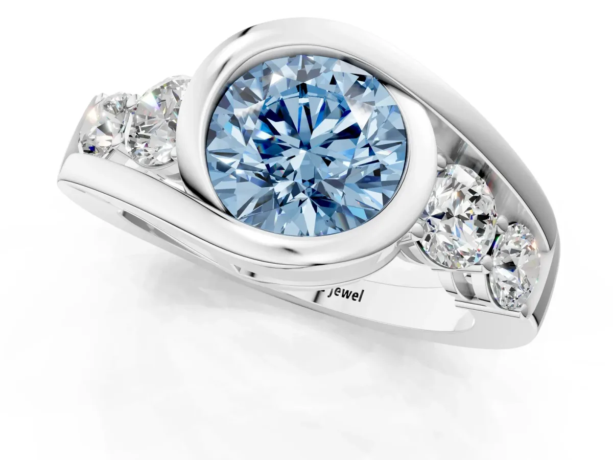 Fancy Blue Bezel Set Round Cut Diamond Bypass Ring with Round Accents Platinum