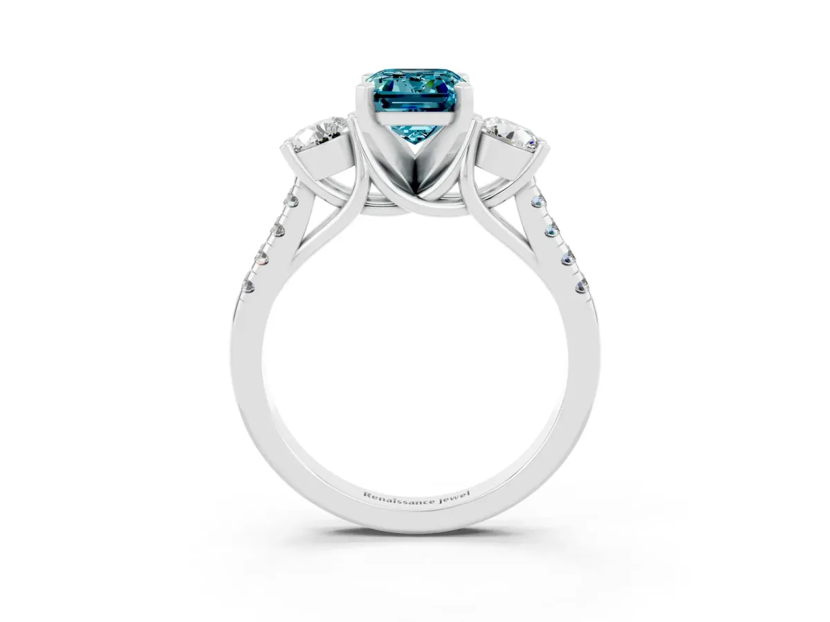Three-Stone Emerald Cut Blue Topaz Pavé Band with Four-Prong Setting Silver