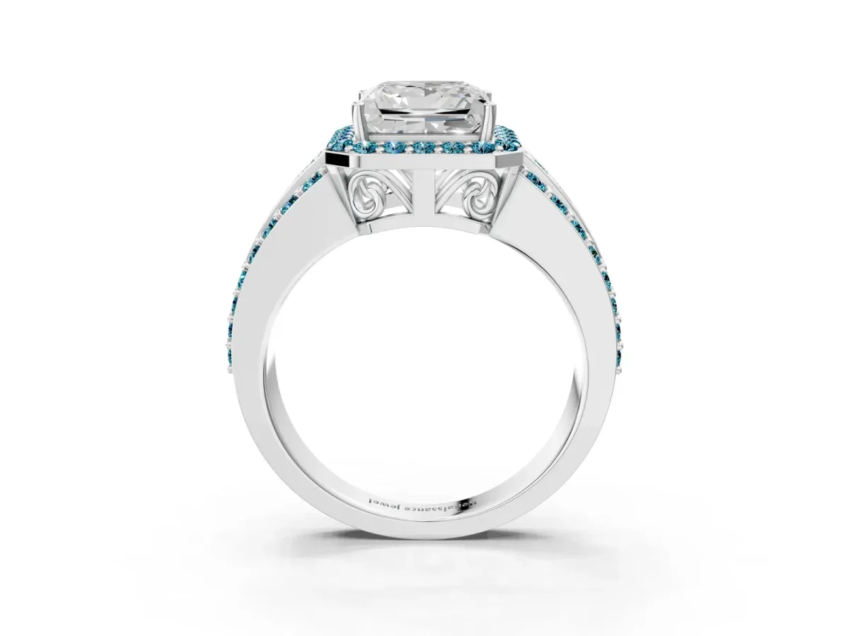 Princess Cut Halo Diamond Ring with Round Blue Topaz Split Shank and Prong Setting Silver