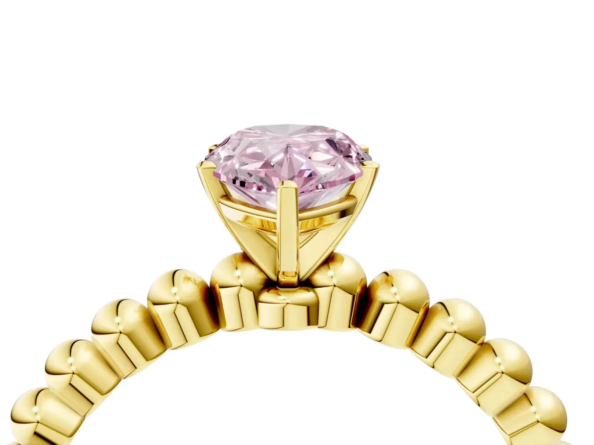 Fancy Pink Pear Cut Diamond Solitaire Ring with Beaded Band and Prong Setting Yellow gold