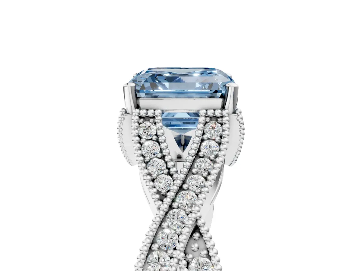 Fancy Blue Asscher Cut Cut Diamond Twisted Band with Milgrain Pave Setting and Four-Prong Setting Platinum