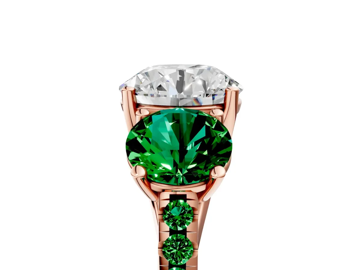 Three-Stone Round Cut Diamond Ring with Round Emerald Pavé Band and Prong Setting Rose gold