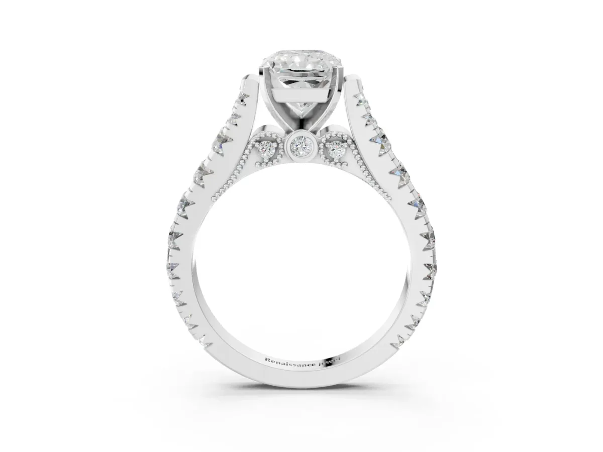 Radiant Cut Diamond Classic Solitaire Ring with Pavé Band and Four-Prong Setting Silver