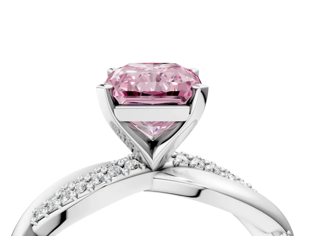 Fancy Pink Radiant Cut Solitaire Twist Band with Pave Prong Setting Platinum