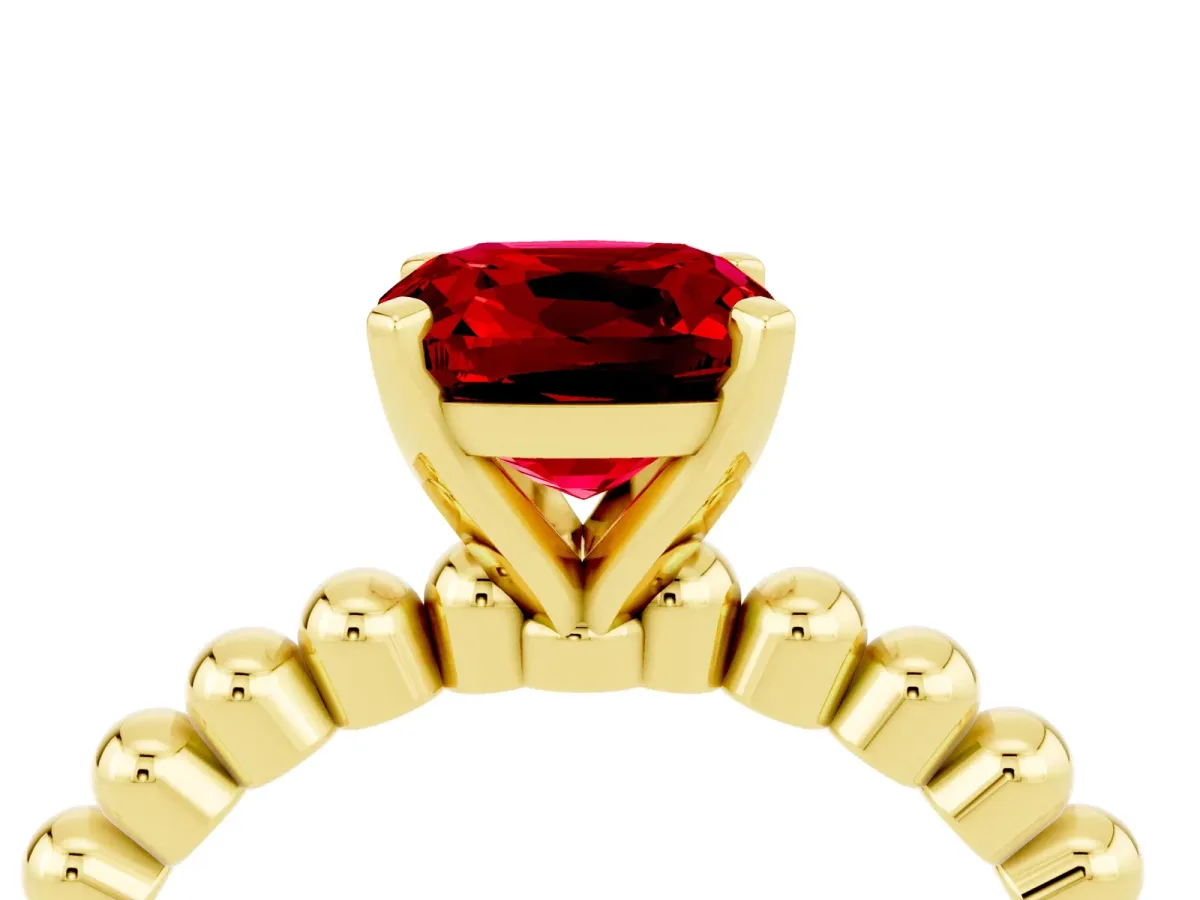 Cushion Cut Ruby Solitaire Ring with Beaded Band and Prong Setting Yellow gold
