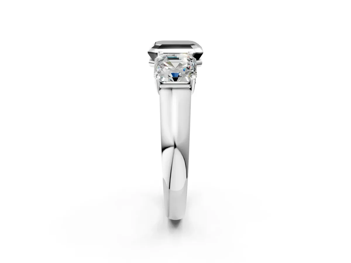 Fancy Black Asscher Cut Three-Stone Diamond Ring with Prong Setting on a Classic Band Platinum