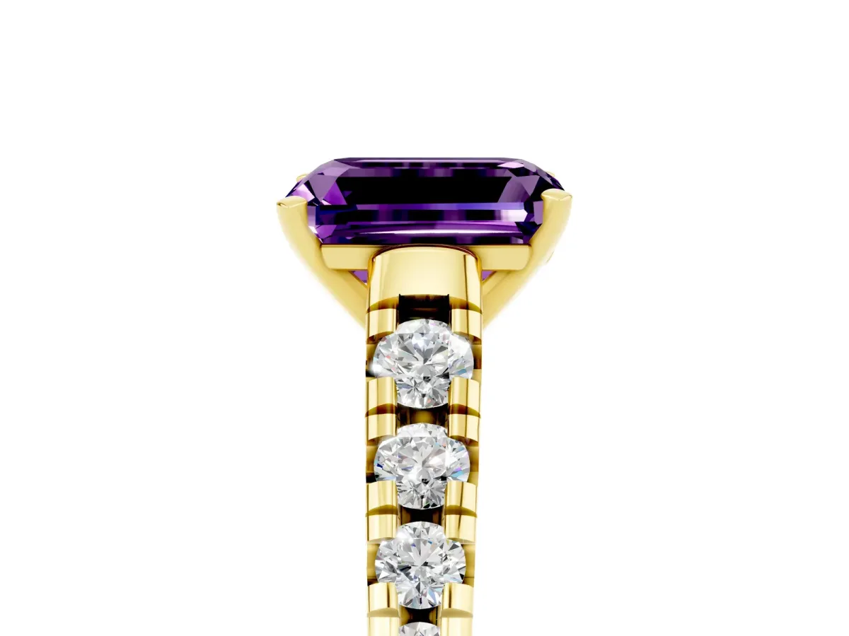 Emerald Cut Amethyst Cathedral Solitaire Ring with Round Pavé Band Yellow gold