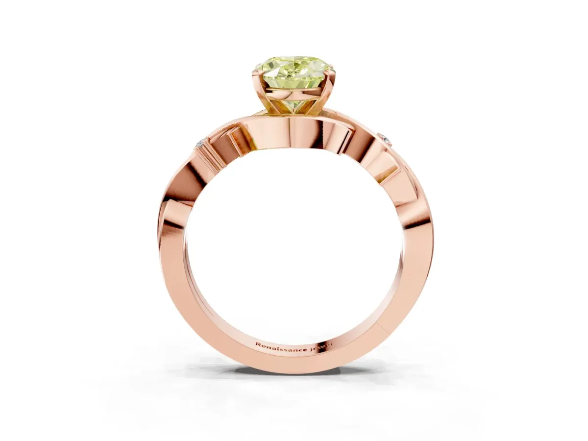 Fancy Yellow Oval Cut Diamond Solitaire Ring with Twisted Band and Prong Setting Rose gold