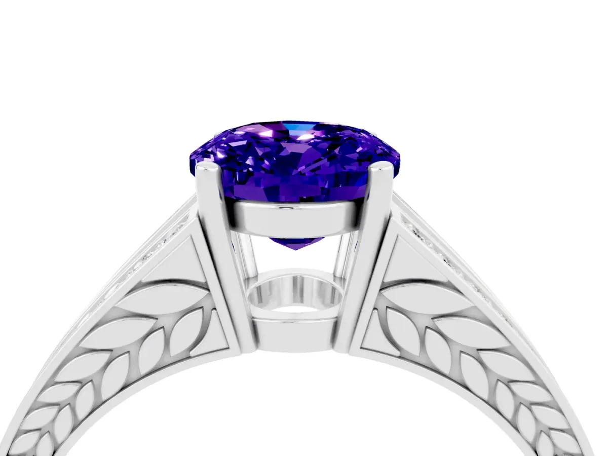 Oval Cut Tanzanite Split Shank Ring with Pavé Band and Four-Prong Setting White gold