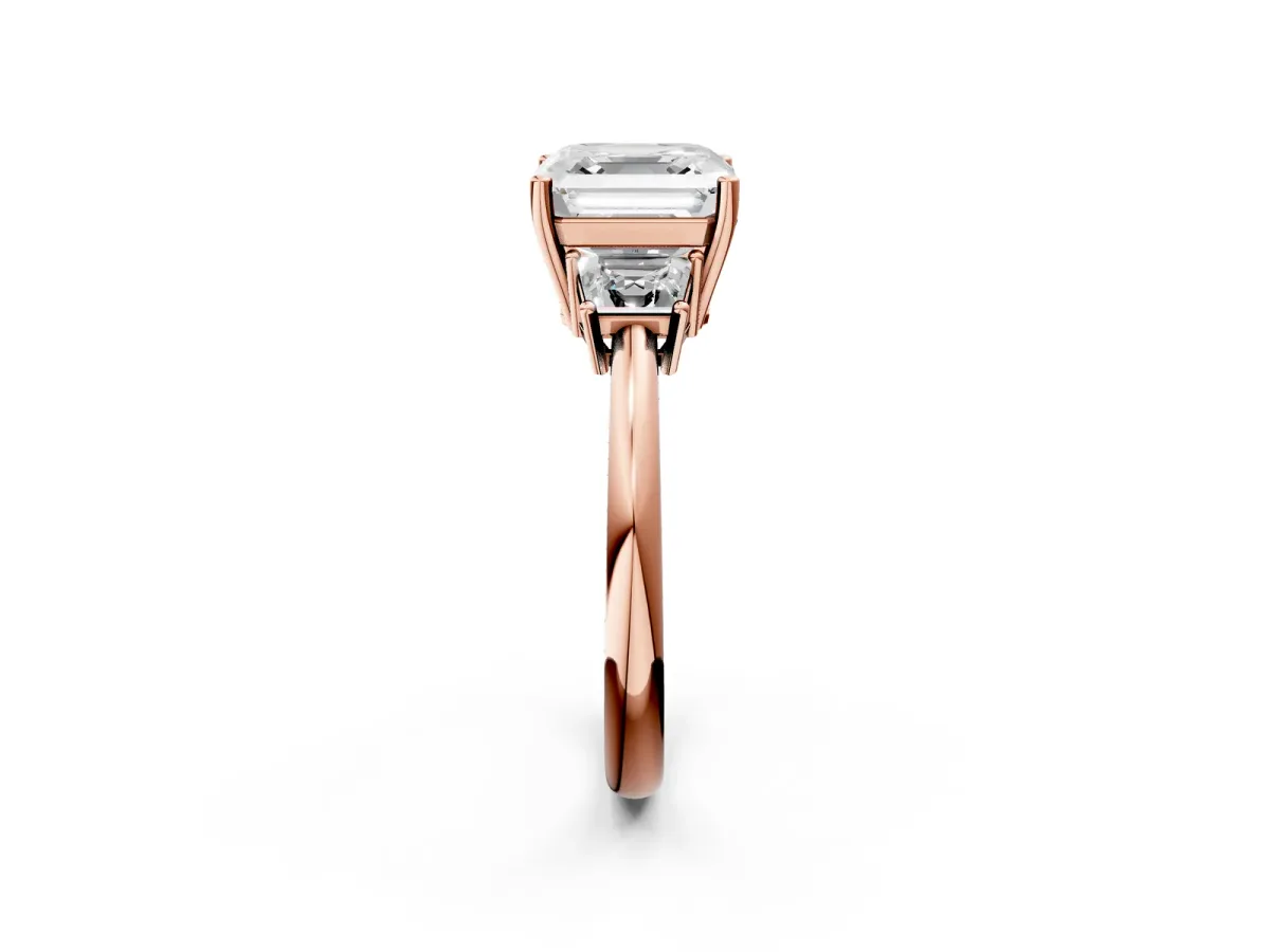 Asscher Cut Diamond Three-Stone Ring with Trapezoid Side Stones and Prong Setting Rose gold