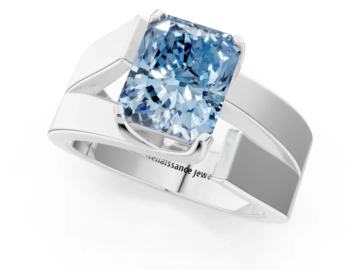 Fancy Blue Modern Tension Set Radiant Cut Diamond Solitaire Wide Band Ring Silver