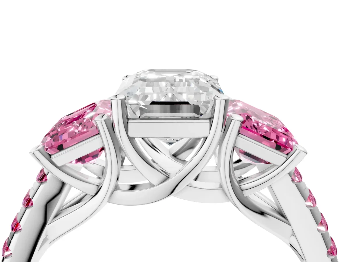 Three-Stone Emerald Cut Diamond Ring with Round Pink Sapphire Pavé Band and Prong Setting Silver