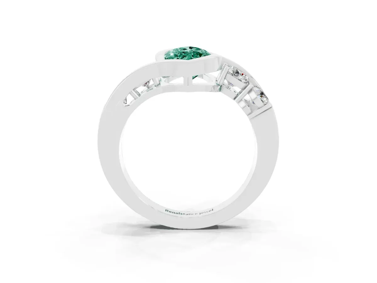 Bezel Set Marquise Cut Green Sapphire Bypass Ring with Round Accents Silver