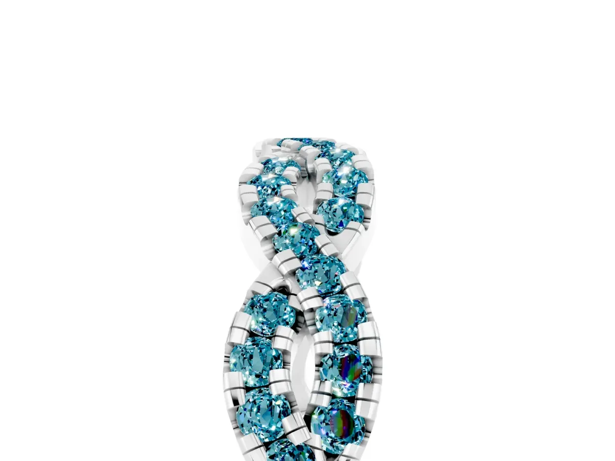 Round Blue Topaz Twisted Eternity Band with Pavé and Shared Prong Setting Platinum