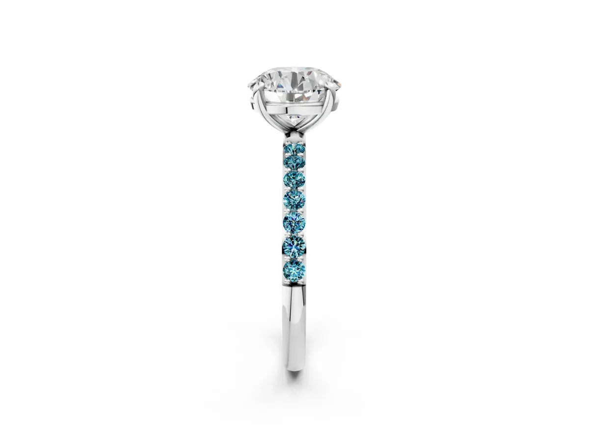 Round Cut Diamond Solitaire Ring with Round Blue Topaz Pavé Band and Prong Setting Silver