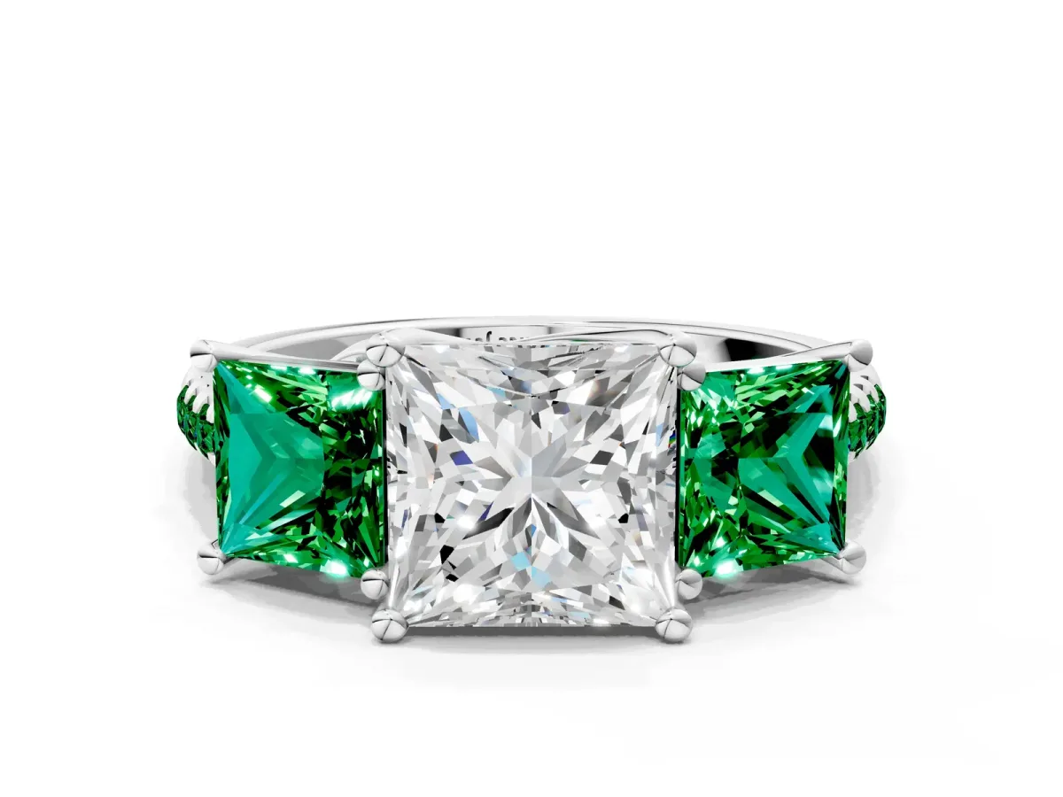 Three-Stone Princess Cut Diamond Ring with Round Emerald Pavé Band and Prong Setting Silver