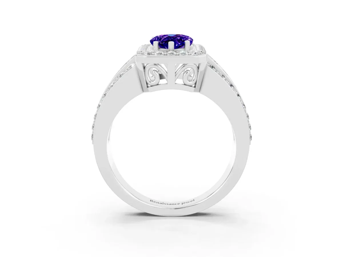 Pear Cut Halo Tanzanite Ring with Round Split Shank and Prong Setting Silver