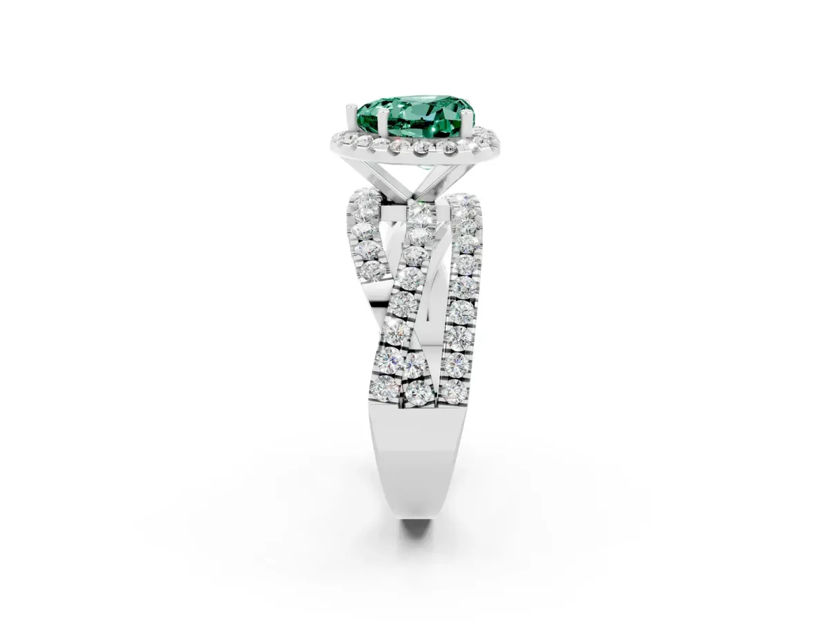 Heart Cut Green Sapphire Halo Ring with Round Split Shank and Prong Setting Platinum