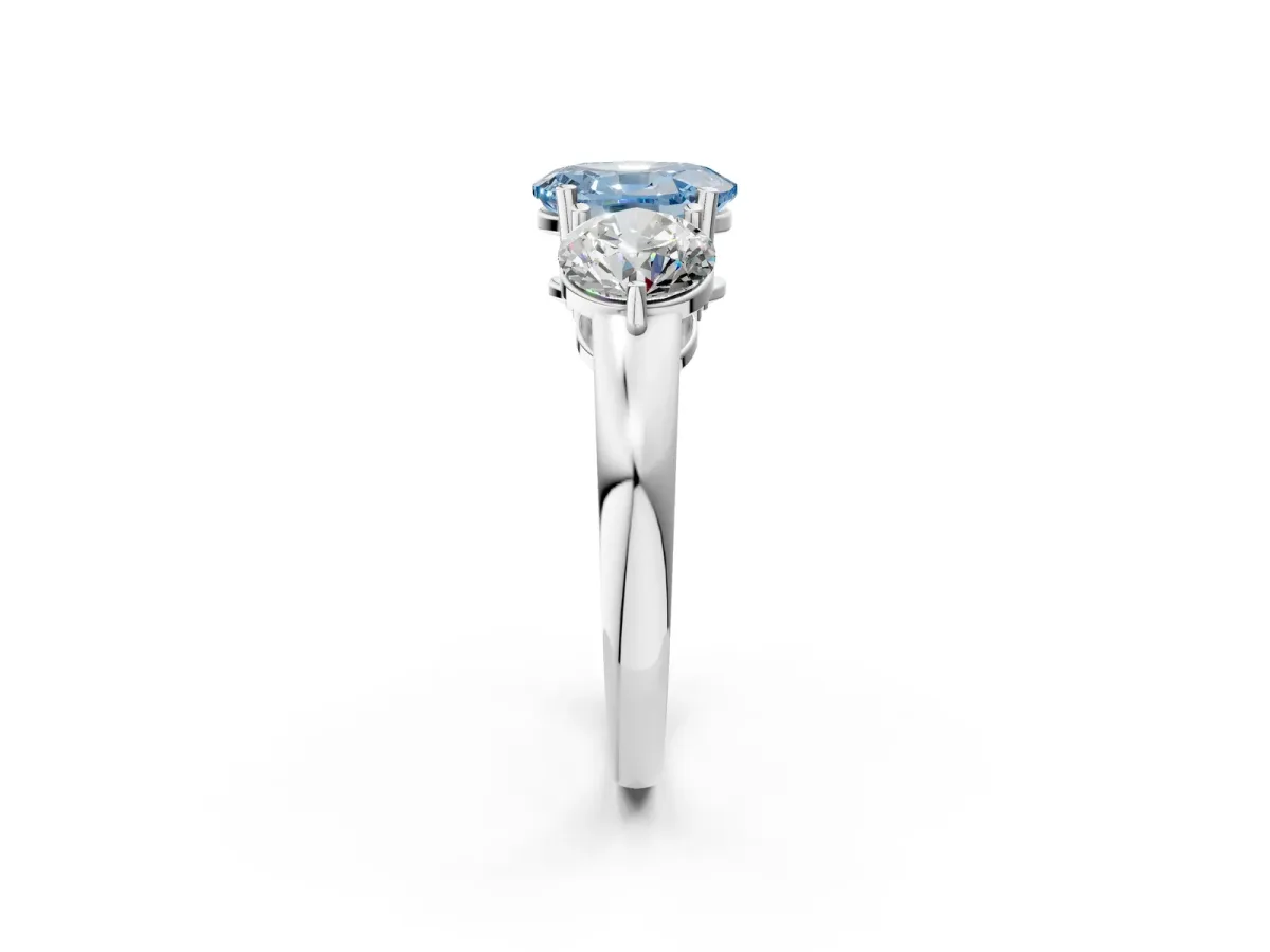 Fancy Blue Oval Cut Diamond Three-Stone Ring with Prong Setting and Classic Band White gold