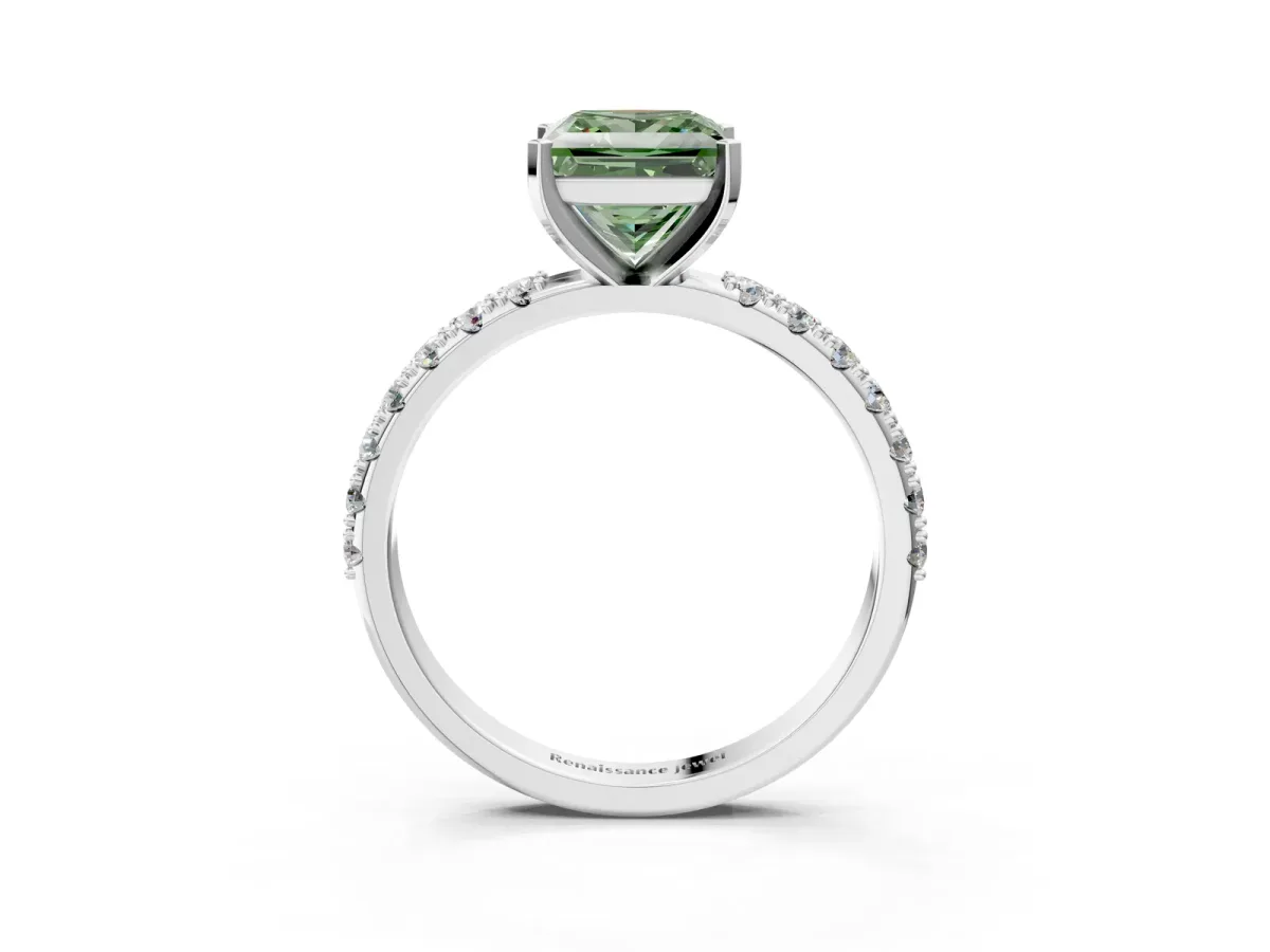Fancy Green Princess Cut Diamond Solitaire Pavé Band with Four-Prong Setting Silver