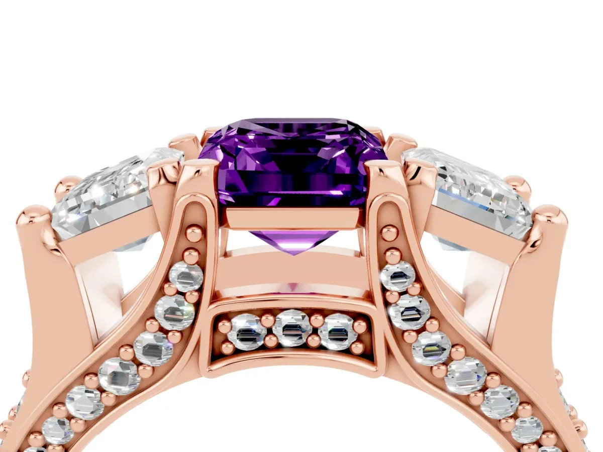 Emerald Cut Amethyst Three-Stone Ring with Channel Set Band and Four-Prong Setting Rose gold