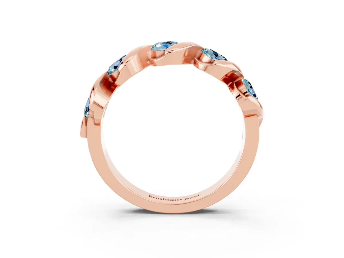 Round Aquamarine Wave Band with Channel Setting and Shared Prongs Rose gold