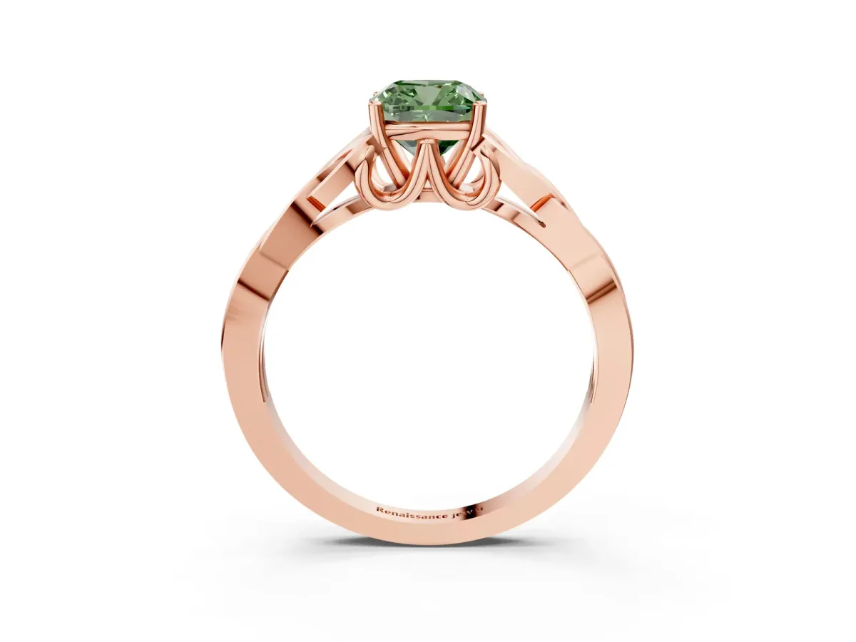 Fancy Green Cushion Cut Diamond Solitaire Celtic Knot Ring with Four-Prong Setting Rose gold