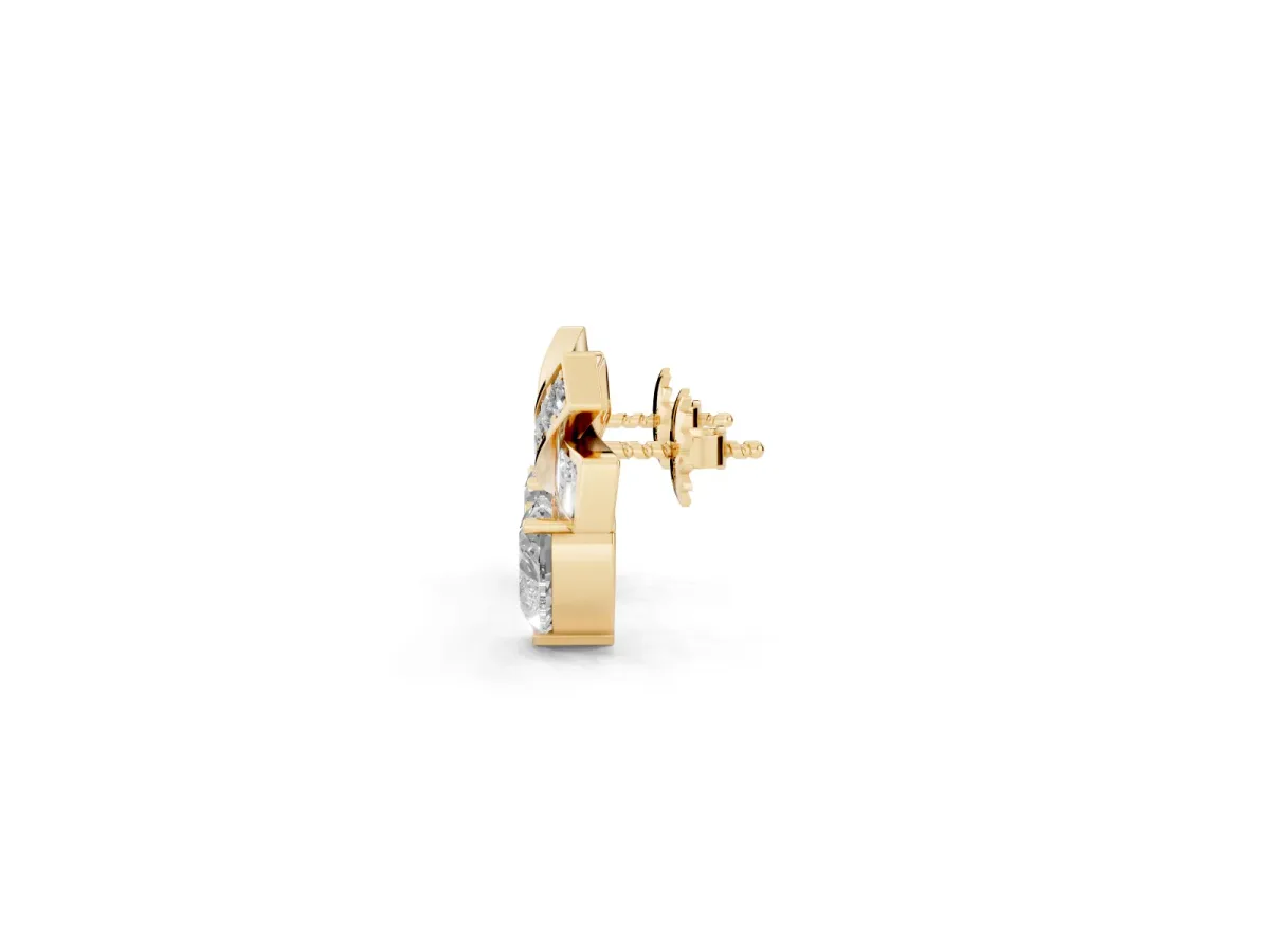 Heart Diamond X Stud Earrings with Baguette and Round Accents Yellow gold