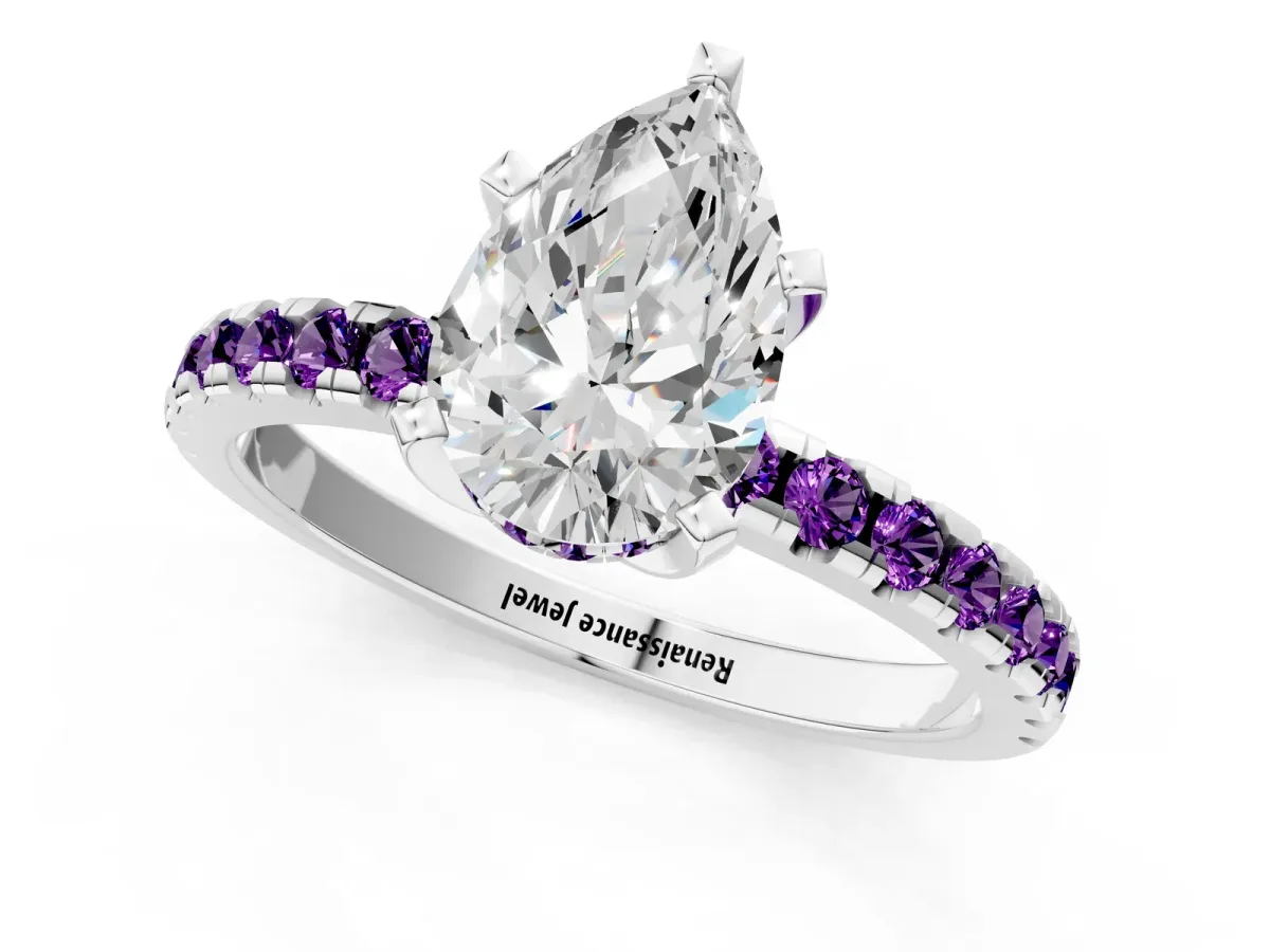 Pear Cut Diamond Solitaire Ring with Round Amethyst Pavé Band and Four-Prong Setting Silver