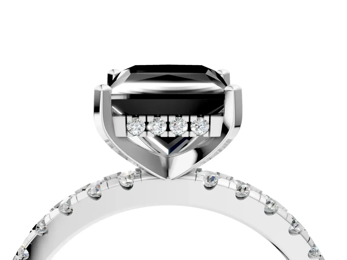 Fancy Black Princess Cut Diamond Solitaire Ring with Round Pavé Band and Four-Prong Setting Silver