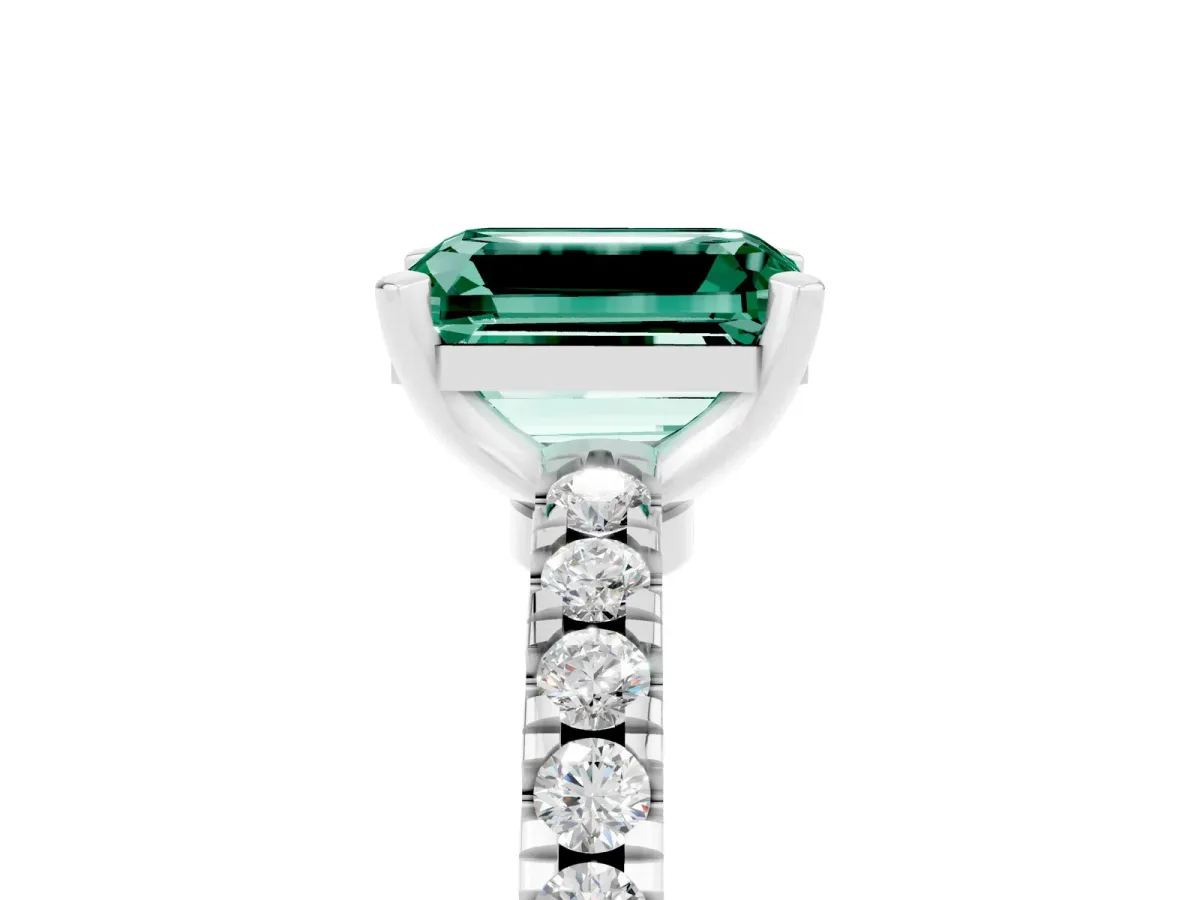 Emerald Cut Solitaire Green Sapphire with Pavé Band and Four-Prong Setting Silver