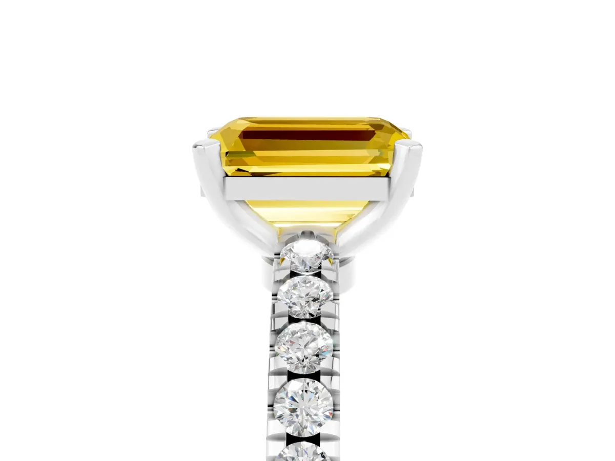 Emerald Cut Solitaire Yellow Sapphire with Pavé Band and Four-Prong Setting Silver