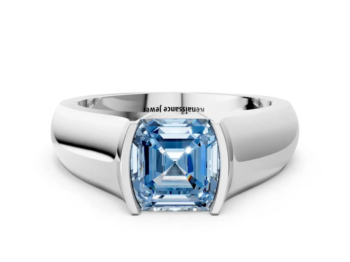 Fancy Blue Asscher Cut Solitaire Bezel Set Diamond Ring with Wide Band Platinum
