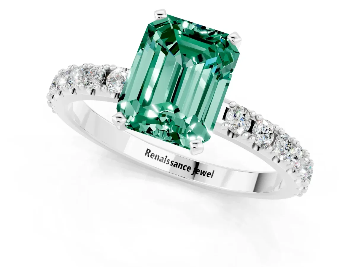 Emerald Cut Green Sapphire Solitaire Pavé Band with Four-Prong Setting Silver